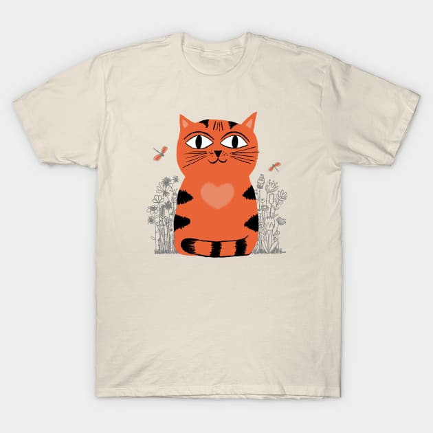 Bright Eyed Orange Kitty With Big Heart In The Garden T-Shirt by LittleBunnySunshine